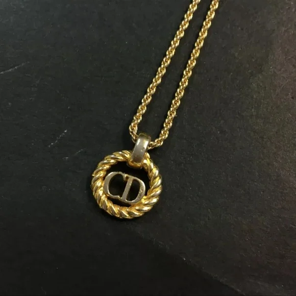 AUTH Christian Dior CD Logo Tone Pendant Necklace Gold - Picture 2 of 6
